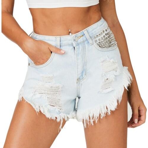 Womens High Rise Denim Shorts Stylish Frayed Raw Hem Chic Rivet Decor Ripped Holes Slim Shorts for Summer Wild Wear