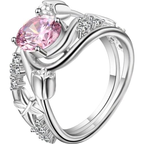 Hainon Fashion Rose Flower Shiny Pink Zircon Rings for Women Charming Engagement Jewelry Silver Color Promise Rings Bijoux Femme