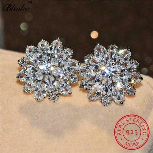 Blaike Shine Snowflake Stud Earrings Women Fine Jewelry Solid S925 Sterling Silver White Zircon April Birthstone Earrings Gifts