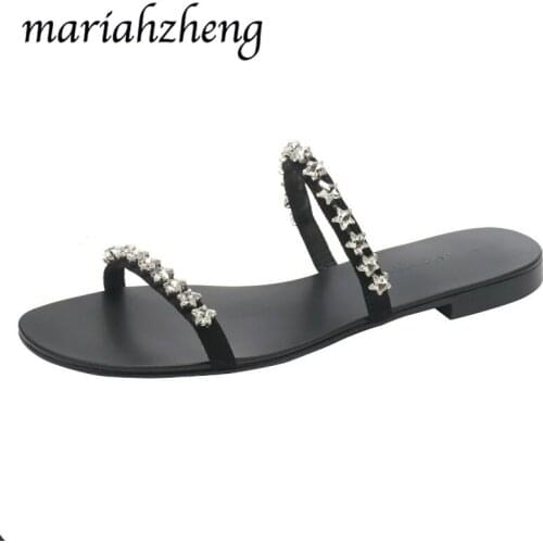 Meriahzheng 2020 Summer New Open Toe Womens Shoes Flat A- Line With Stars Crystal Low Heel Casual Wear Womens Slippers TWS-520