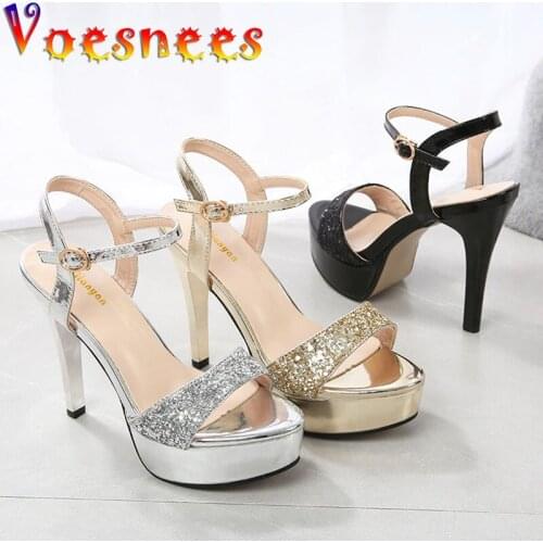 2021 Fashionable Easy Matching Sexy Sequins Wedding Women Sandals Temperament One Word Band Waterproof Platform High Heel Shoes