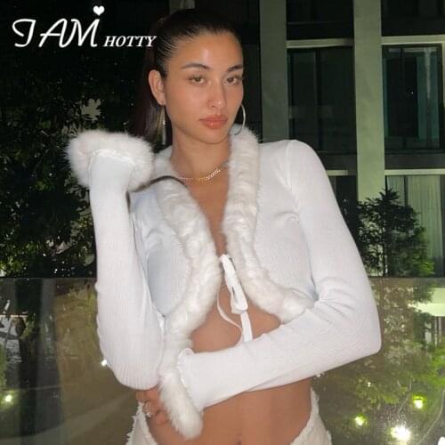 Furry Feathers Patchwork Lace Up Cardigan Women Ribbed Pure Color Long Sleeve T-shirt Elegant Casual Sexy Cropped Tops Iamhotty