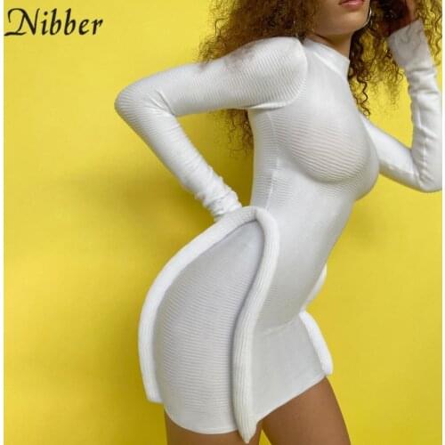 Nibber Y2K Summer Tight Mini Dress Solid Color Long-Sleeved Half-High Collar For Womens Street Casual Fashion Clubwear 2021