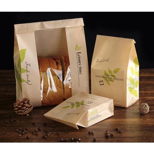 10pcs Kraft Paper Bags For Cookie Bread Packing Leaf Pattern Laminating Oil Proof Food Toast Bread Bag for Wedding Birthday
