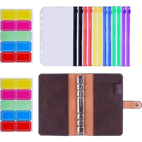 12Pcs A6 Colorful Zipper Loose-Leaf Bag with PU Leather Notebook Binder Cover Waterproof Cash Budget Envelope System