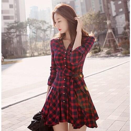 2019 Retro Women Mini Dress Long Sleeve Red Plaid High Waist Short Dress Autumn Winter Women Clothing