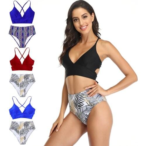 2021New 2PCS Hollow Out Swimwear Women High Waist Solid Push Up Ribbed Bikini Printing Sexy Hot Biquini Swimming Pool Beach Wear