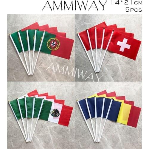 AMMIWAY 14x21cm 5pcs Portugal Switzerland Printed 100% Polyester Small Hand Flags Mexico Romania World Country Waving Flag