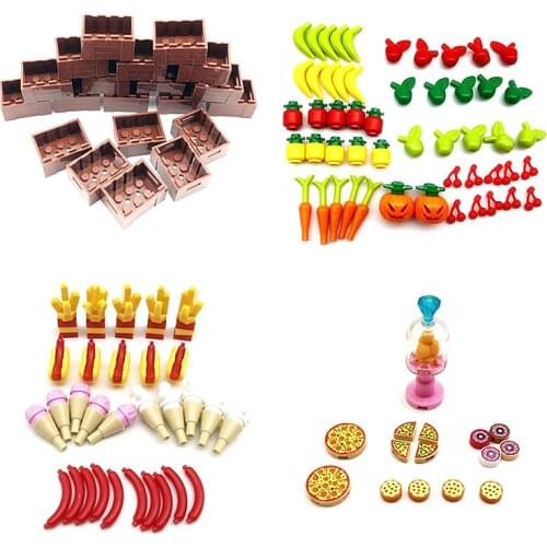 Fast Food Dessert Building Blocks Vegetables Fruit MOC Bricks Ice Cream Bread Sea Food Montessori Toys for Kids Over 3 Years Old