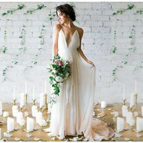 VKBRIDAL Tulle Long Deep V-Neck Wedding Dresses Backless Pleated A-Line Bridal Dresses Lace Up Vestido De Noiva Bridal Gowns