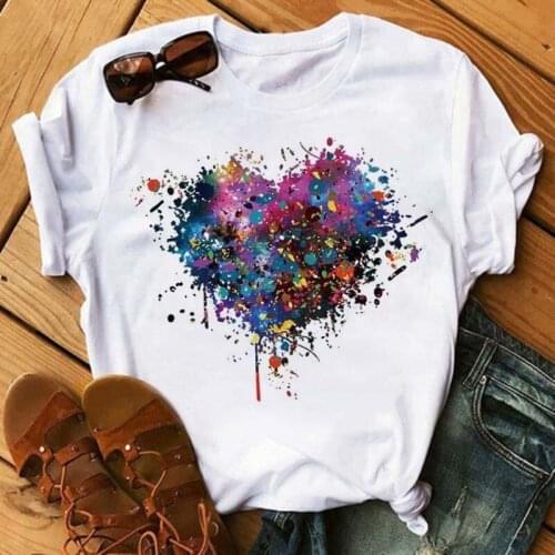 Colorful Heart Flower Print Women Tshirt Summer Casual Funny Graphic T Shirt 90s Lady Yong Girl Valentines Day Gifts