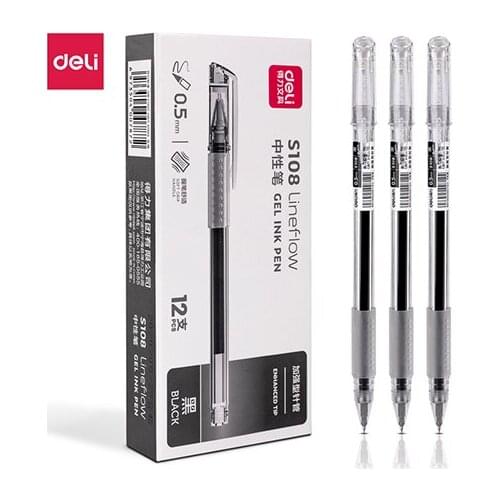 Deli S108 office gel pen 0.5mm enhanced needle black Gel Pen High Capacity BlackPen Superior Quality Good Writing Gel ink Pens
