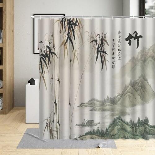 Chinese Ink Painting Bamboo Shower Curtains Landscape Scenery Home Decor Green Bamboo Bathroom Curtain Waterproof With Hooks Set