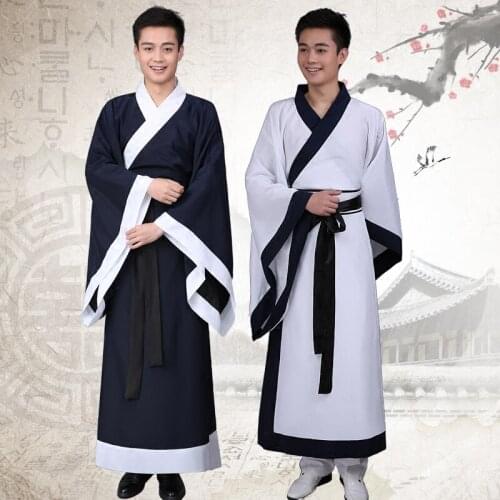 Chinese National Hanfu Back White Stage Dance Costume for Men Long R Satin Robe Chinese Traditional Dress Tang Dynasty Clothing