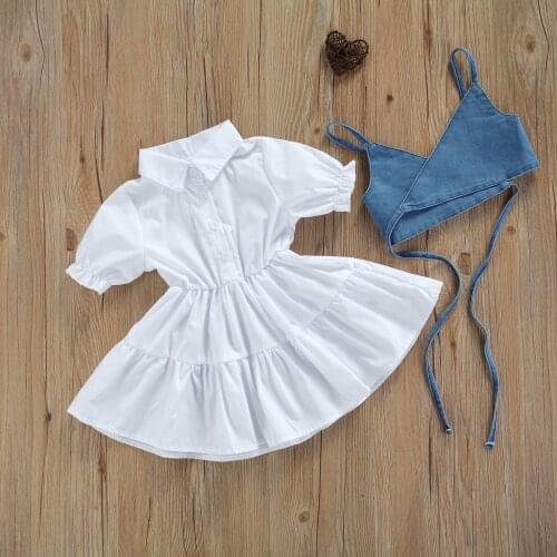 1-6Y Fashion Kids Girls Summer Clothes Sets 2pcs Solid Color Denim Strap Sleeveless Crop Tops + White Shirt Dresses
