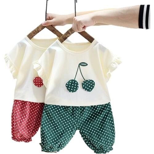 Summer Pure Cotton Baby Girls Clothing Set Cherry Decoration Polka Dot Suit For Girl Toddler Kids Casual Comfortable Clothes