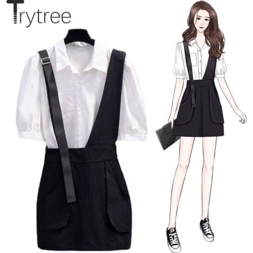 Trytree 2021 Summer Women Two Piece Set Casual Turn-down Collar White Shirt + Asymmetric Sling Mini Skirt Pockets 2 Piece Set