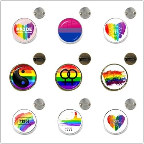 LGBT Brooches Bi Pride 20mm Glass Cabochon Gay Pride Rainbow Flag Photo Collar Pins Jewelry For Women Men Lovers Pride Gift