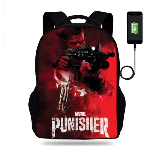 Mens 17inch Fashion The Punisher Print USB Port backpack Kids Children School Bag For teenager Boys Travel backpack Mochlia