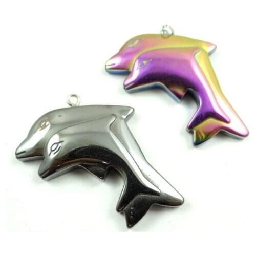 Natural Quartz crystal Titanium Hematite hand-Carved dolphin Gem pendant for diy jewelry making necklace Accessories2pcs