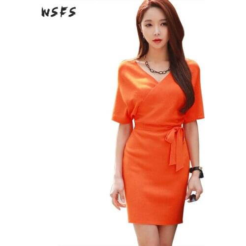 Orange Sweater Dresses Pink Khaki Vneck Batwing Sleeve Black Women Dress Elegant Bandage Sexy Office Ladies Mini Wrap Dresses