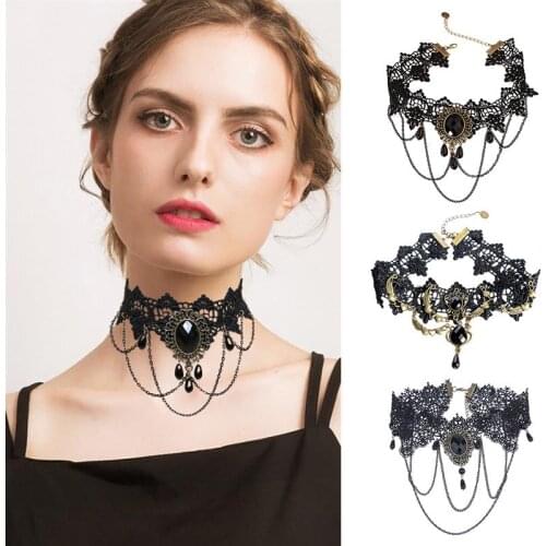 New Fashion Sexy Gothic Chokers Crystal Black Lace Neck Choker Necklace Vintage Victorian Chocker Steampunk Jewelry For Women