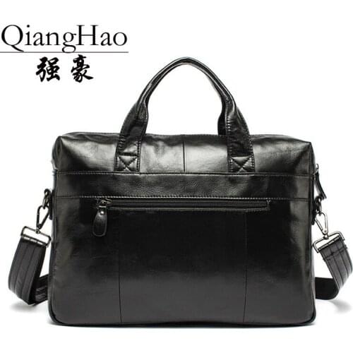 QiangHao 100% Genuine leather Briefcases 15" Laptop Handbag Mens Business Crossbody Bag Messenger/Shoulder Bags for Men
