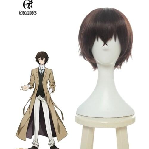 ROLECOS Osamu Dazai Cosplay Hair Anime Bungo Stray Dogs Cosplay Headwear Black and Brown Men Hair 30cm