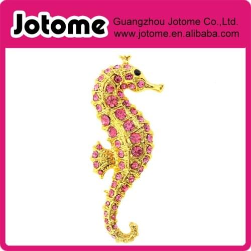 Pink Golden Seahorse Crystal Brooch Pin 1.125 x 2.75 inches