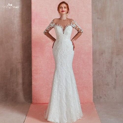 RSW1583 Long Sleeves O Neckline Illusion Back Pearls Beaded Mermaid African Wedding Gowns
