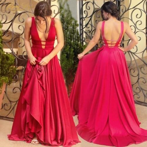 Sexy Red A Line Prom Dresses V Neck Ruffles Evening Gowns Long Formal Sweep Train Fashion Party Dress vestido