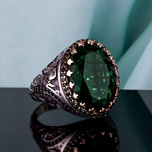 Silver mens ring 925 sterling Turkish handmade jewelry green zircon stone all size