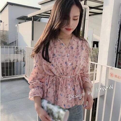 Womens V-Neck Chiffon Shirt Long Sleeve Korean Style Ladies Floral Print Summer Sweet Blouses 2020