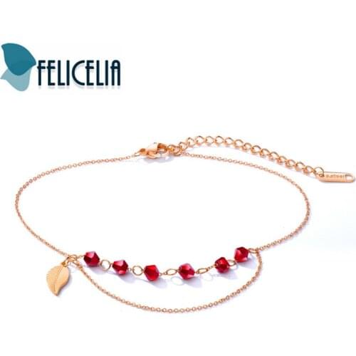 Felicelia Rose Gold Tone Stainless Steel Leaf Anklet With Red Cubic Zirconia Ankle Bracelet For Women Girls Foot Chain Jewelry