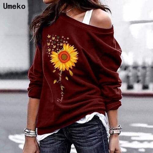 2021 Plus Size Black Sunflower One Shoulder Pullovers Women Fall Winter Streetwaer Long Sleeve Sweatshirts Loose Tops Female