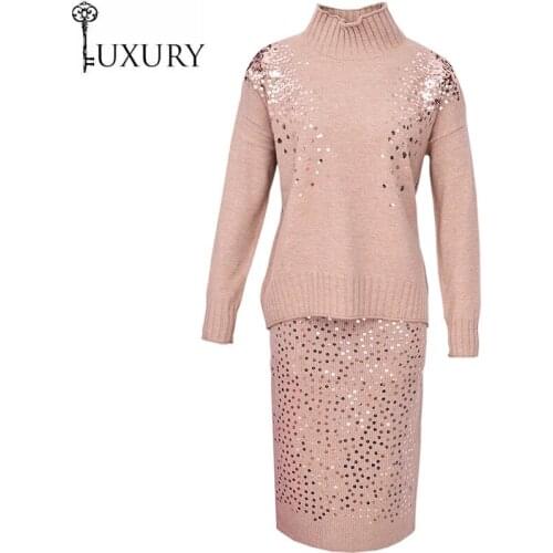 Autumn Winter Sweater Womens Ladies Turtleneck Knitted Jumper+Mid-Calf Length Warm Skirt Suit & Set Knitwear