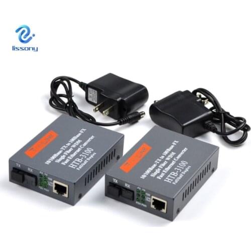 1 Pair Media Converter HTB-3100 Fiber Optical Single Mode Single Fiber SC Port 20KM External Power Supply 10/100M
