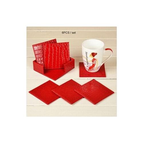 10x10cm 6PCS/set square PU leather cup coaster pad bar coffee house table mat pad mats coasters crocodile red bamboo mat BD002
