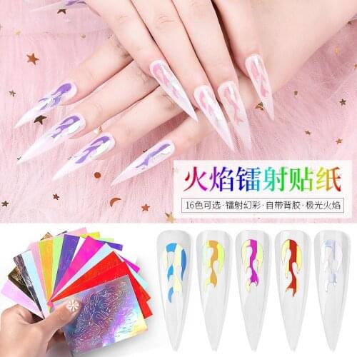 16PCS Holographic Flame Nail Art Sticker Thin Laser Stripe Sticker Leaf Self Adhesive Decal DIY Foil Fire Stickers Decoration