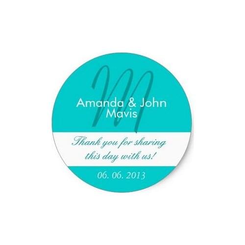 3.8cm Aqua White Simple Initial Wedding Favor Thank You Classic Round Sticker