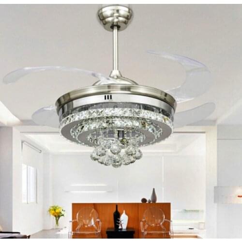 42 Inch Invisible Crystal Ceiling Fan with LED Light and Remote, 4 Retractable ABS Blades Fan Chandelier for Bedroom Diningroom