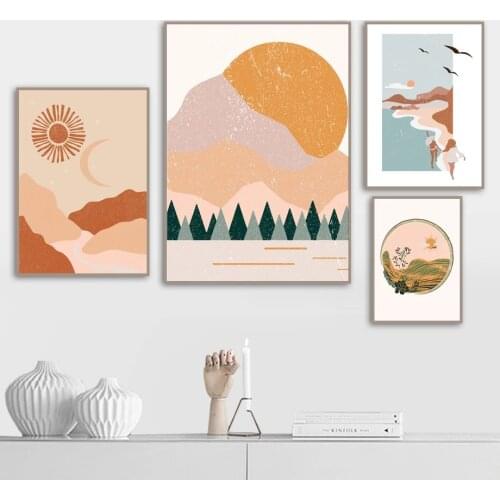 Abstract Landscape Posters Prints Mountain Sea Forest Canvas Painting Sun and Moon Wall Pictures for Living Room Boho Wall Decor