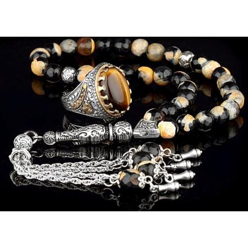 Agate Rosary and 925 Sterling Silver Ottoman Mens Jewelry Sets Rings for Men