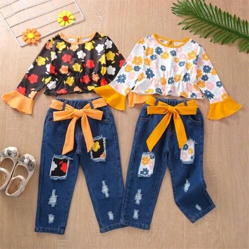 2Pcs Kids Autumn Tracksuit Flower Print Long Flare Sleeves Blouse + Splicing Elastic Waist Jeans for Girls