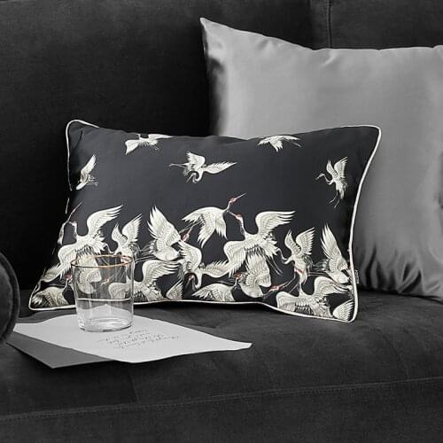 DUNXDECO Cushion Cover Decorative Pillow Case New Chinese Style Artistic Crane Print Luxury Satin Sofa Chair Bedding Coussin