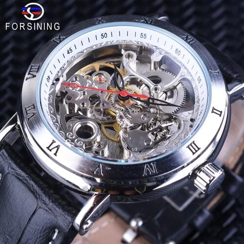 Forsining Automatic Watch Silver Case Openwork Watches Black Genuine Leather Band Flower Movement Transparent Waterproof Design