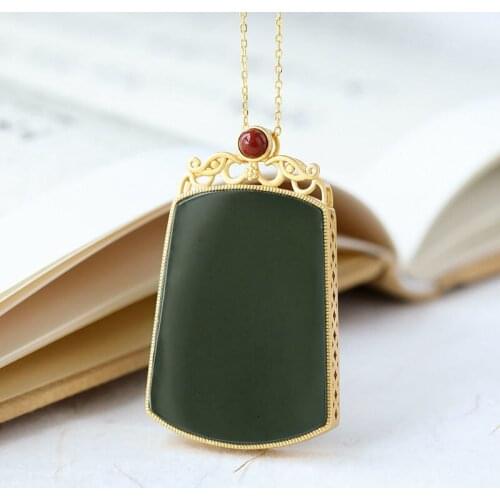 Natural Hetian jasper exquisite pendant necklace Chinese style retro unique ancient gold craft charm womens silver jewelry
