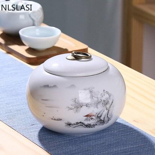 Chinese Landscape Pattern Ceramics Tea Caddy Household Dried Fruit Sealed Storage Tank Portable Tea Boxes Tieguanyin Containers