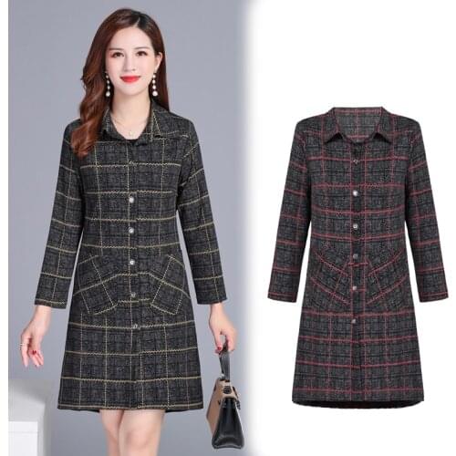 Spring Autumn Women Basic Jacket Pocket Shirt collar Plaid cloth Outwear Slim fit Coat Medium and long Windbreaker Female