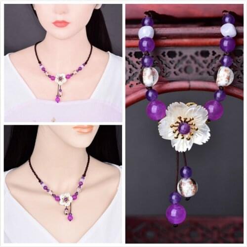 Summer Refreshing Natural Shell Flower Pendant Necklace Retro Violet Crystal Beads Personal Chokers Necklace Beach Jewelry